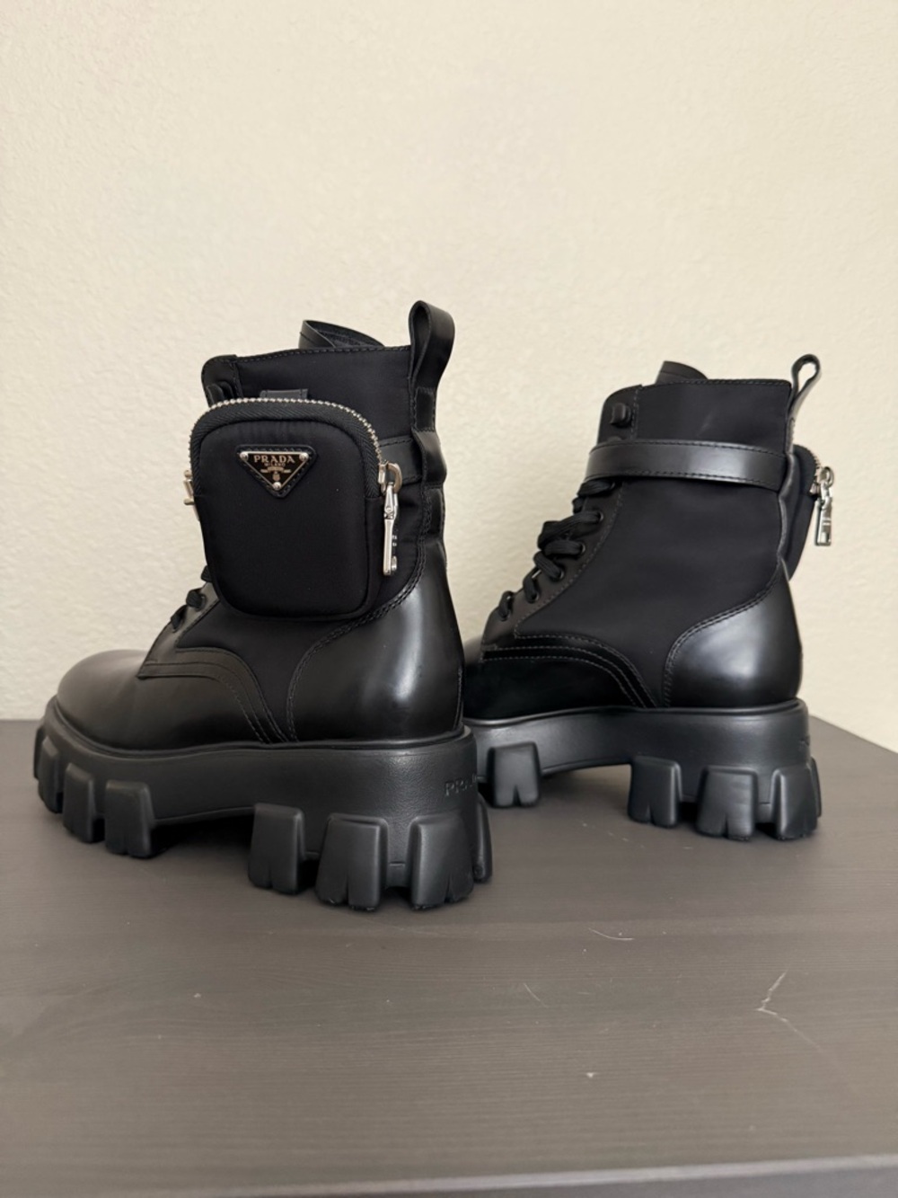 Prada Black Lug-Sole Combat Boots with Detachable Mini Pouch - Picture 5 of 10
